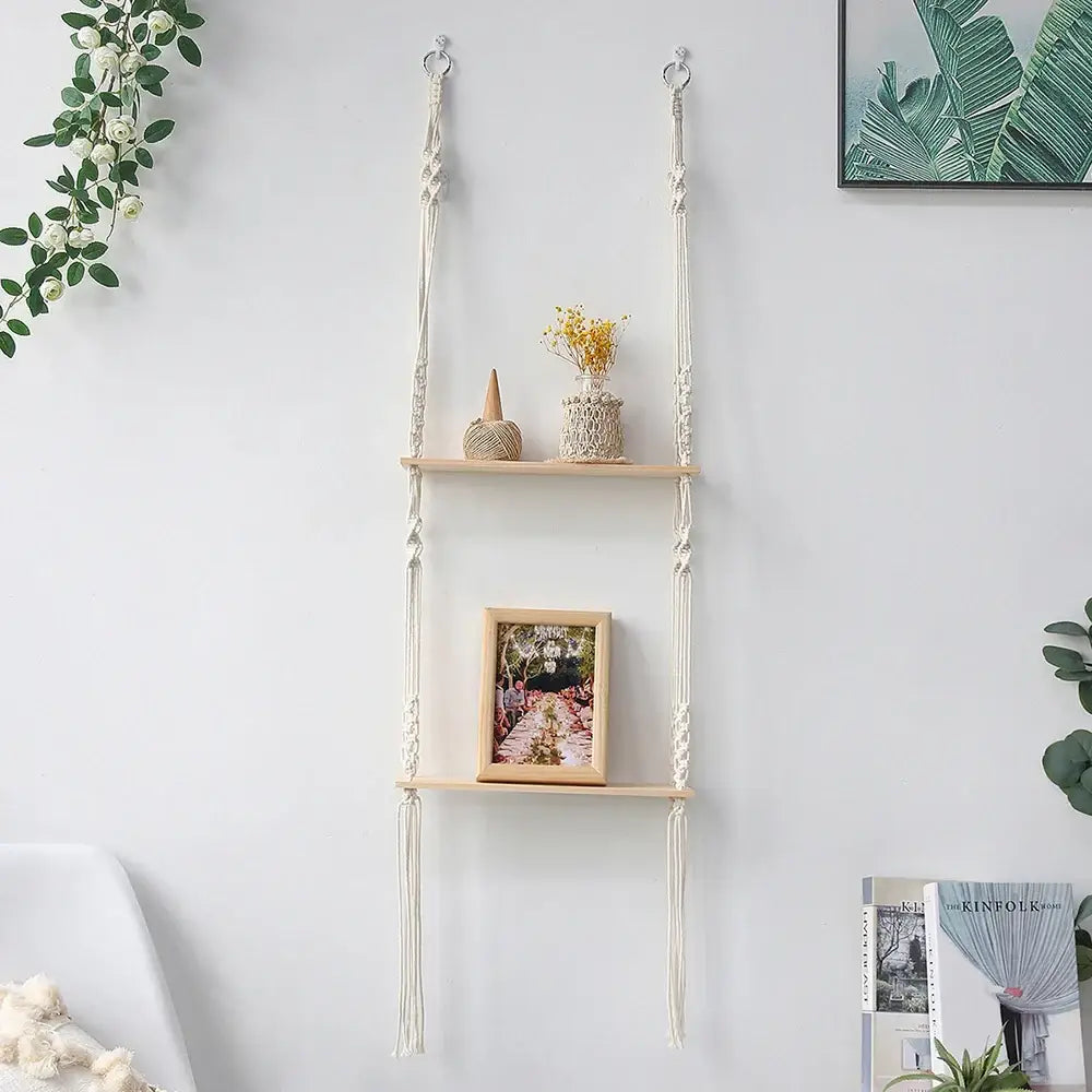 Decorbites™ boho macrame wall shelf in cream with wooden slats and decorative knots for stylish home decor wall shelf