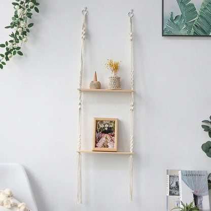 Decorbites™ boho macrame wall shelf in cream with wooden slats and decorative knots for stylish home decor wall shelf