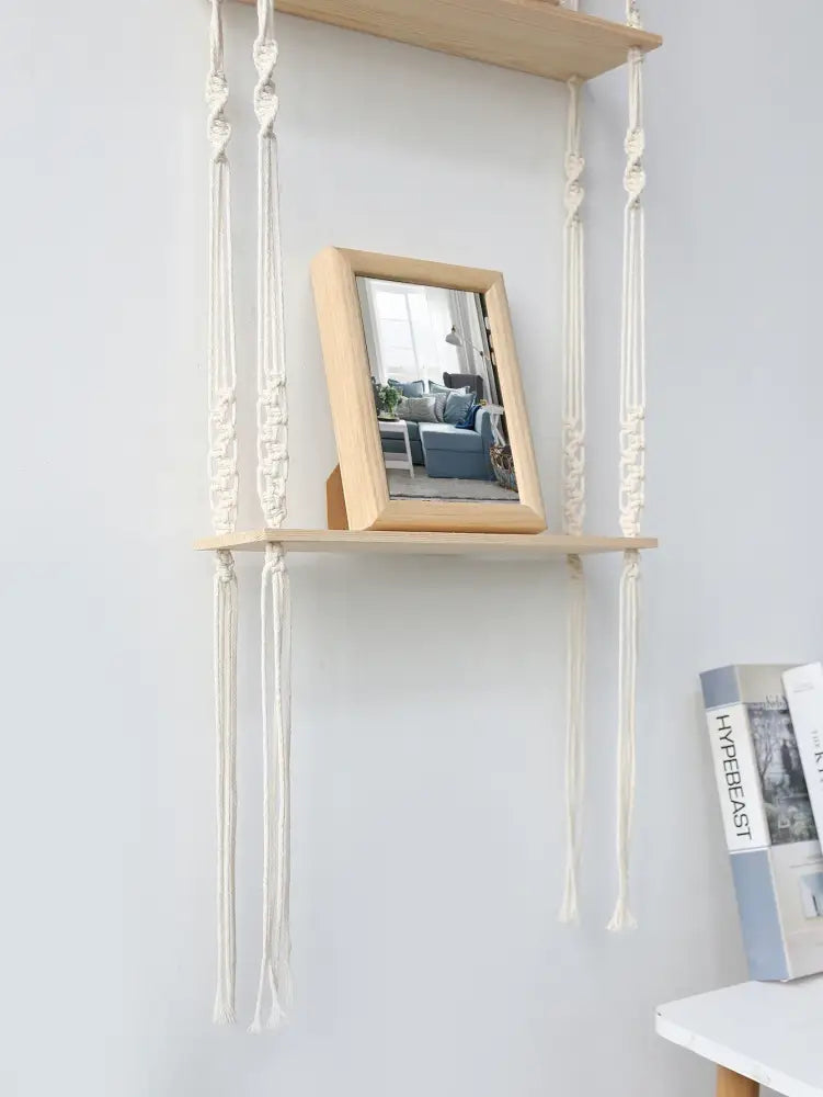 DecorBites™ boho macrame wall shelf with cream woven cords and light wood frame for stylish home decor