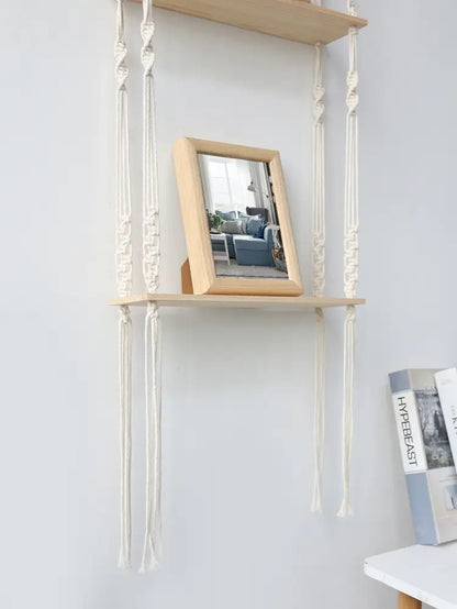 DecorBites™ boho macrame wall shelf with cream woven cords and light wood frame for stylish home decor