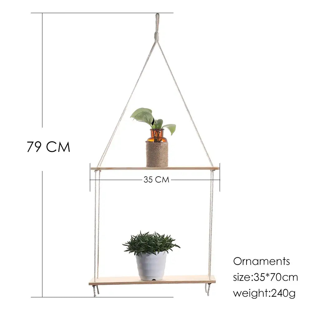 Decorbites™ boho macrame wall two-tier wooden wall shelf in light wood finish with potted plants for home decor