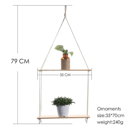 Decorbites™ boho macrame wall two-tier wooden wall shelf in light wood finish with potted plants for home decor