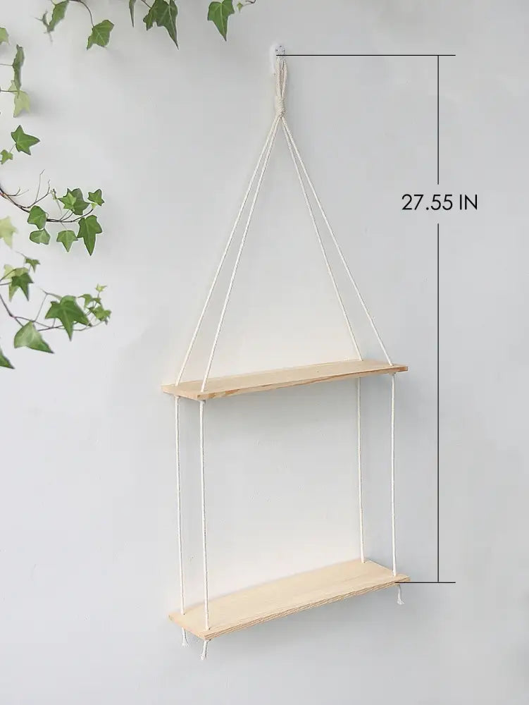 Decorbites™ boho macrame wall shelf with two light wood tiers hanging by white cords for stylish home decor