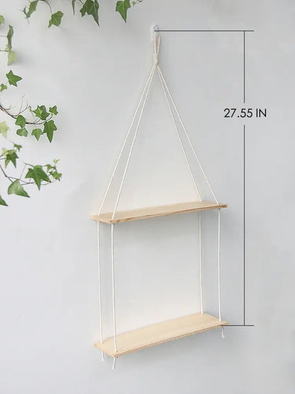 Decorbites™ boho macrame wall shelf with two light wood tiers hanging by white cords for stylish home decor
