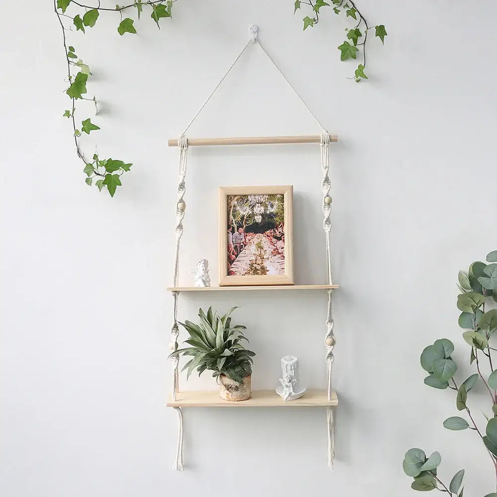 Decorbites™ boho macrame wall shelf with two light wood tiers and white cord for stylish home decor wall shelf display