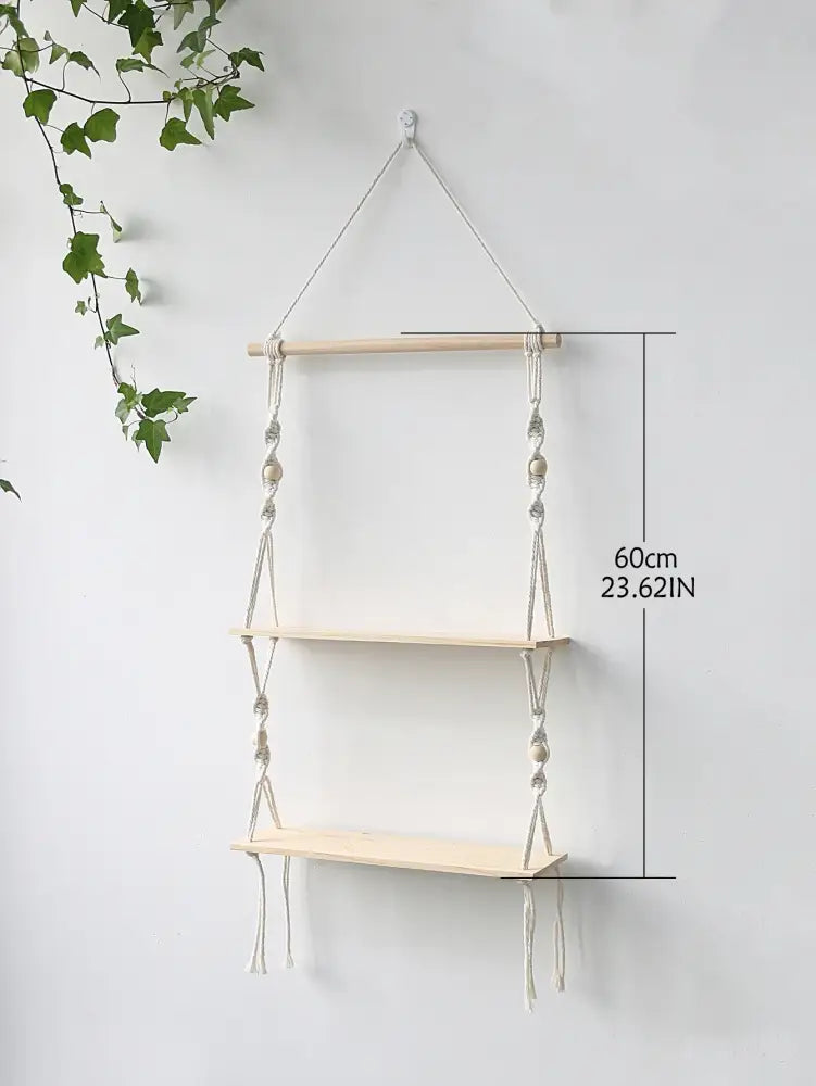 Decorbites™ boho macrame wall shelf with two light wood shelves and white cords for stylish home decor