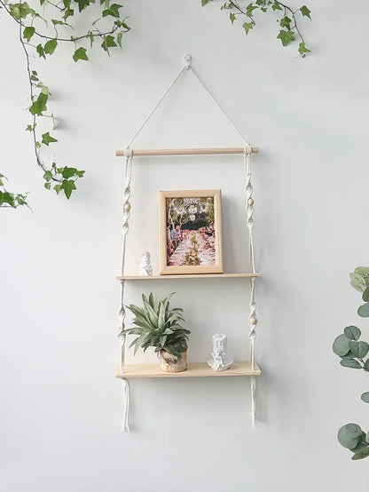 Decorbites™ boho macrame wall shelf with two light wood shelves and white braided cords with wooden beads for home decor