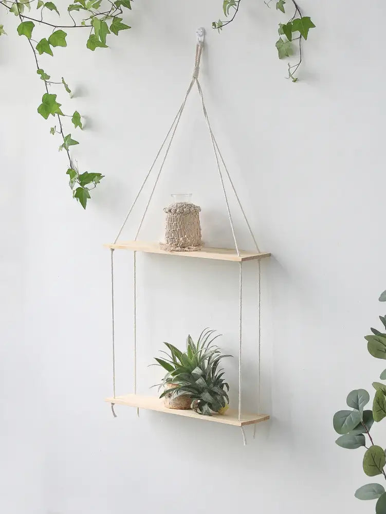 Decorbites™ boho macrame wall shelf with two light wood tiers and natural cords for stylish home decor display
