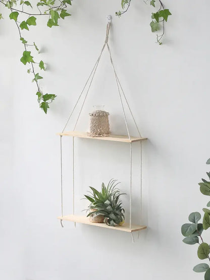 Decorbites™ boho macrame wall shelf with two light wood tiers and natural cords for stylish home decor display