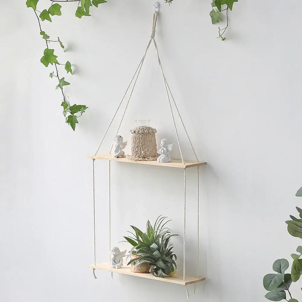 DecorBites™ boho macrame wall shelf featuring a minimalist two-tiered light wood slat design for home decor