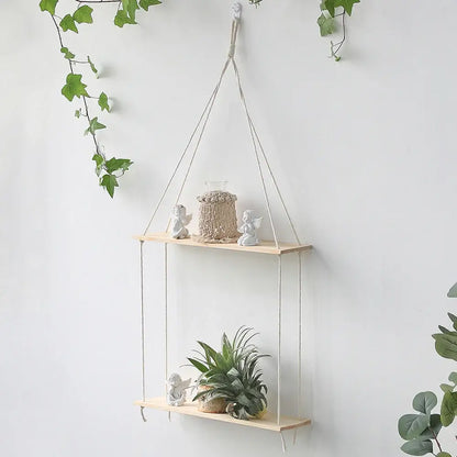 DecorBites™ boho macrame wall shelf featuring a minimalist two-tiered light wood slat design for home decor