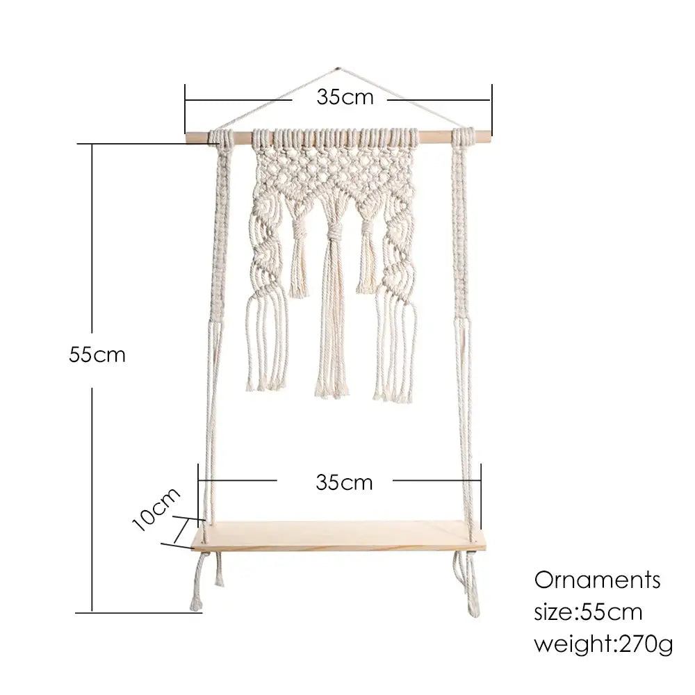 Decorbites™ boho cream macrame wall shelf with wooden hanging shelf featuring intricate knotwork and tassels for home decor