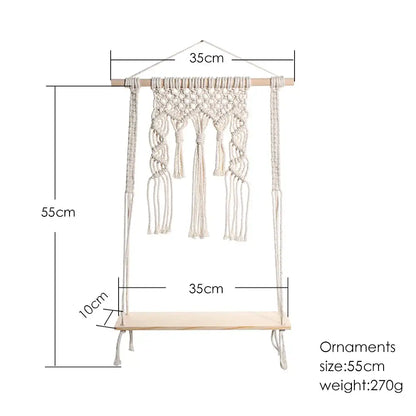Decorbites™ boho cream macrame wall shelf with wooden hanging shelf featuring intricate knotwork and tassels for home decor