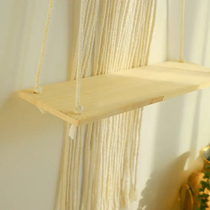 DecorBites™ boho macrame wood wall shelf hanging minimalist wooden shelf with cream macrame cords for home decor
