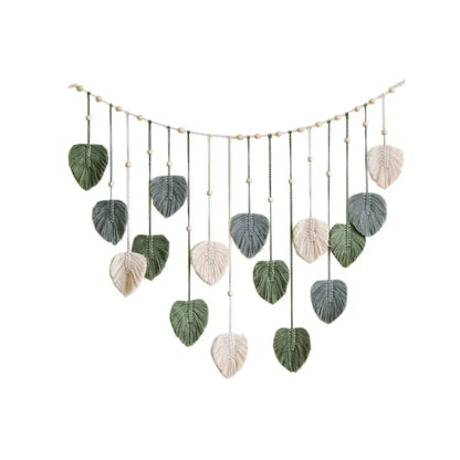 DecorBites™ boho style handmade macrame leaf wall hanging in green gray and cream for living room decor