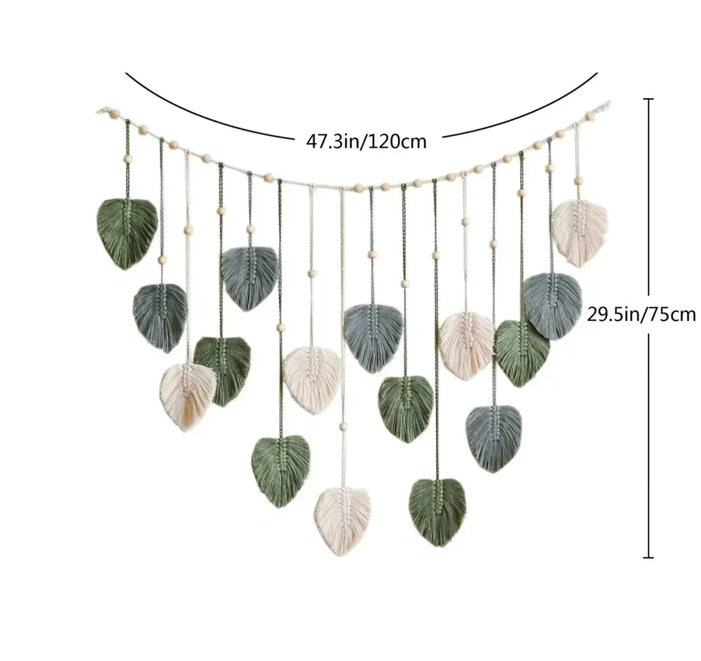DecorBites™ boho style handmade macrame leaf wall hanging tapestry in green gray cream for living room decor