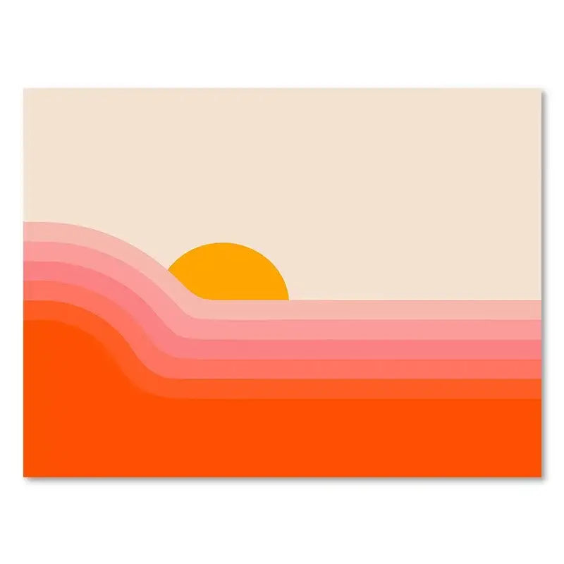 DecorBites™ boho sunset art print set featuring a minimalist orange sun with pink and coral waves for living room decor