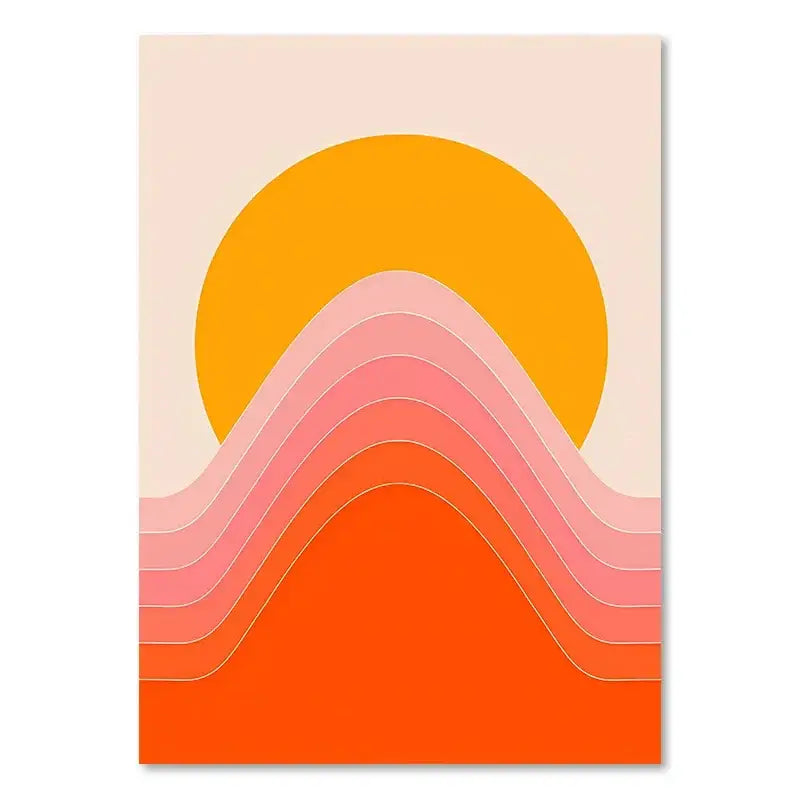 Decorbites™ boho sunset art print set featuring a vibrant orange sun with pink and coral waves for living room decor