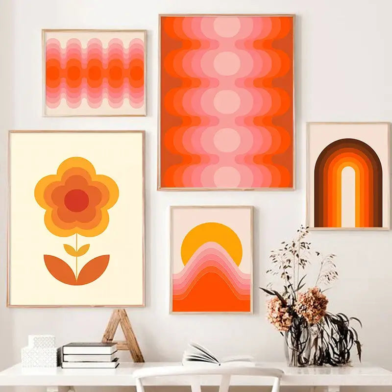 Set of five framed retro stripes art prints with bold orange pink and yellow patterns for living room decor