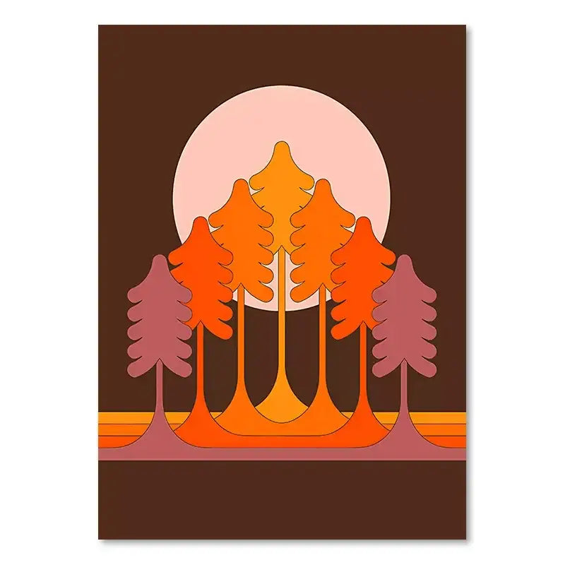 Stylized boho sunset art print with gradient orange and pink trees against peach sun on deep brown for living room decor