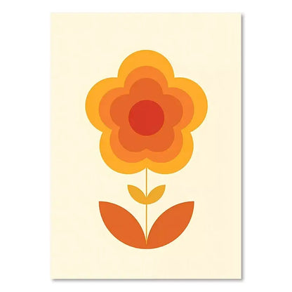 A stylized orange and red layered flower illustration with retro stripes on a cream background for living room art prints