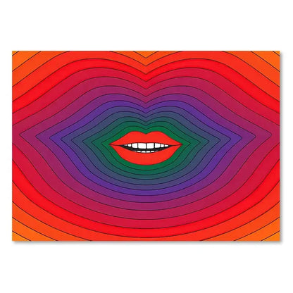 Decorbites™ boho sunset art prints featuring vibrant red lips with wavy sunset bands for living room decor