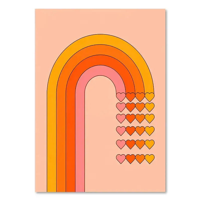 Decorbites™ boho sunset art prints featuring retro stripes art with orange pink yellow bands and hearts for living room decor