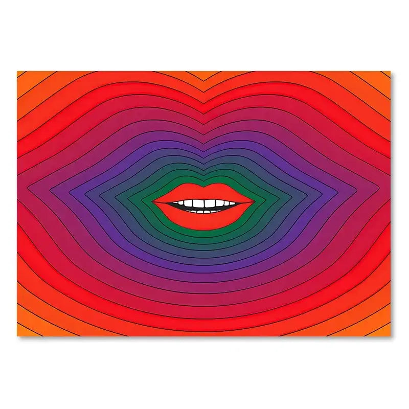 Decorbites boho sunset art prints featuring vibrant red lips with concentric wavy sunset art prints in orange purple and green