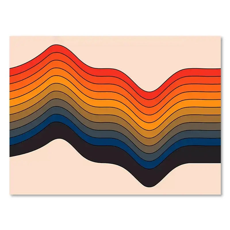 Decorbites™ boho sunset art prints featuring vibrant retro wavy stripes in warm oranges and blues on beige background