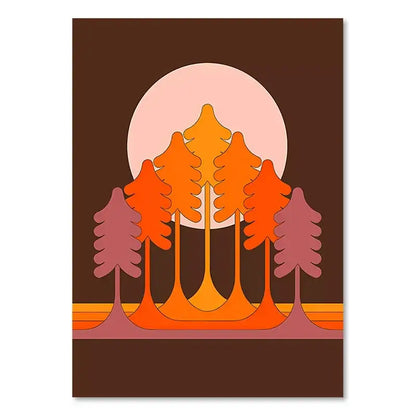Stylized boho sunset rainbow art prints featuring gradient orange and pink trees on canvas wall decor by decorbites