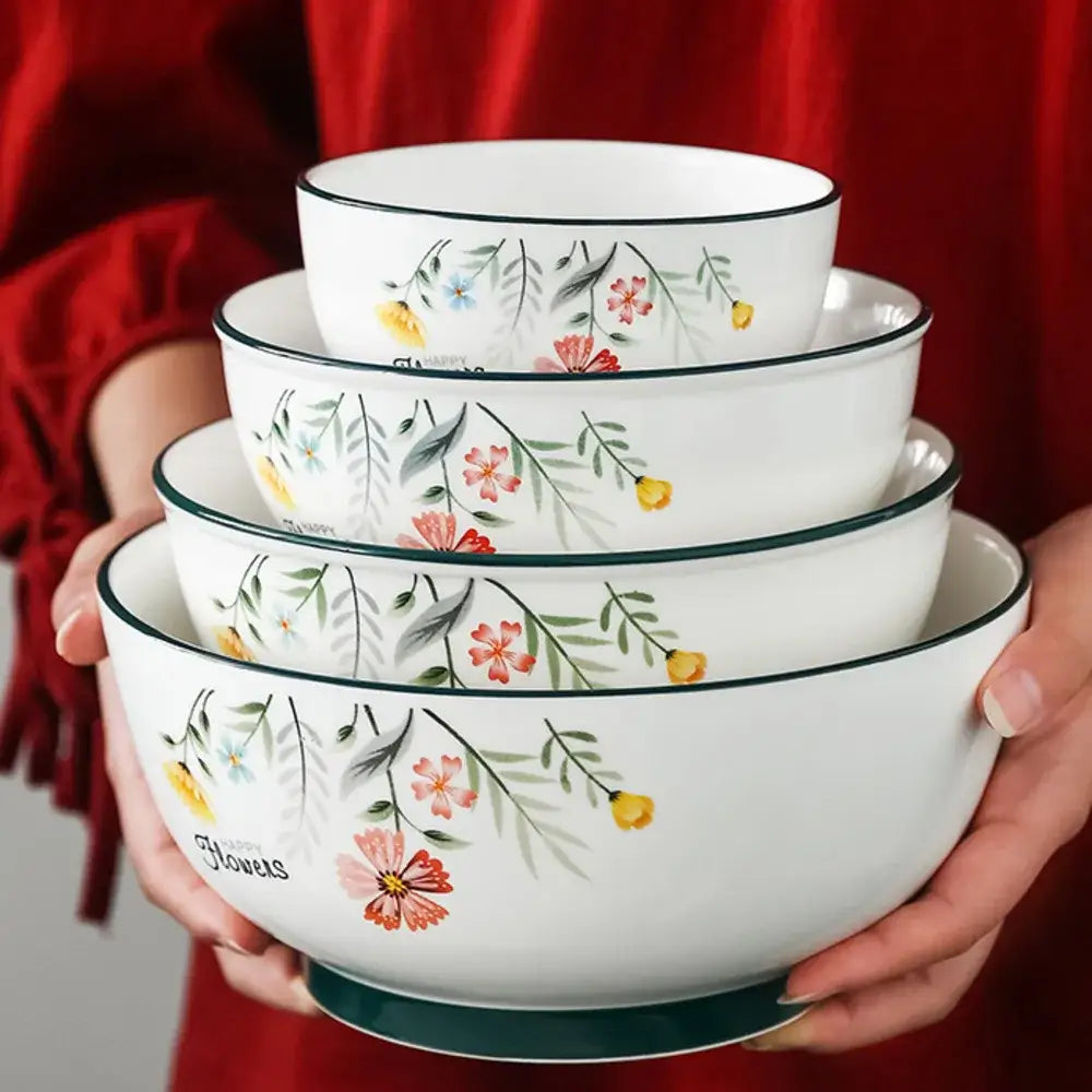 Set of four white bone china rice noodles bowls with floral patterns and dark green rim by decorbites