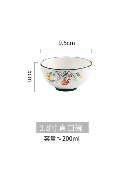 Decorbites bone china rice noodles bowl in white with delicate red yellow and green floral pattern rim design