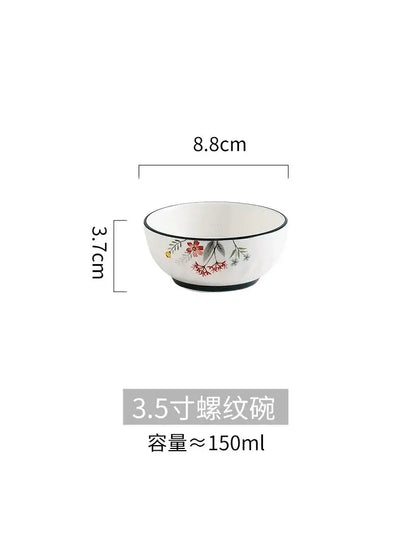 DecorBites™ bone china rice noodles bowl in white with red and green floral pattern and black rim accents