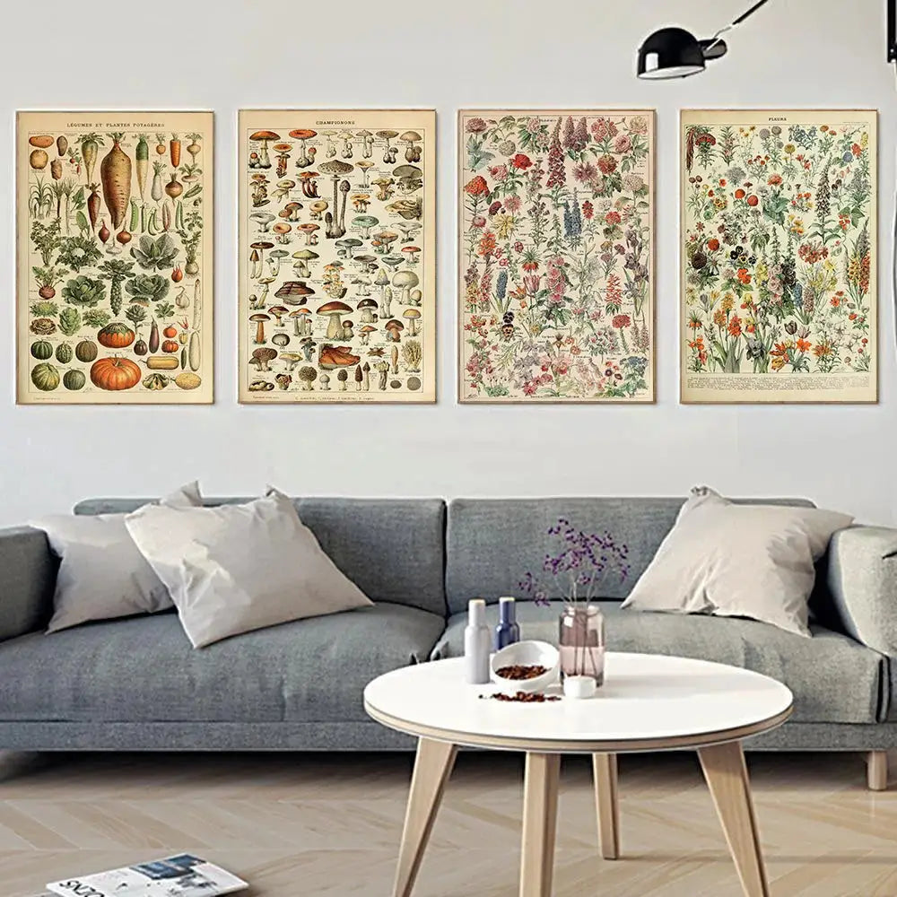 Four vintage botanical wall art prints in muted earth tones featuring adolphe millot encyclopedia illustrations