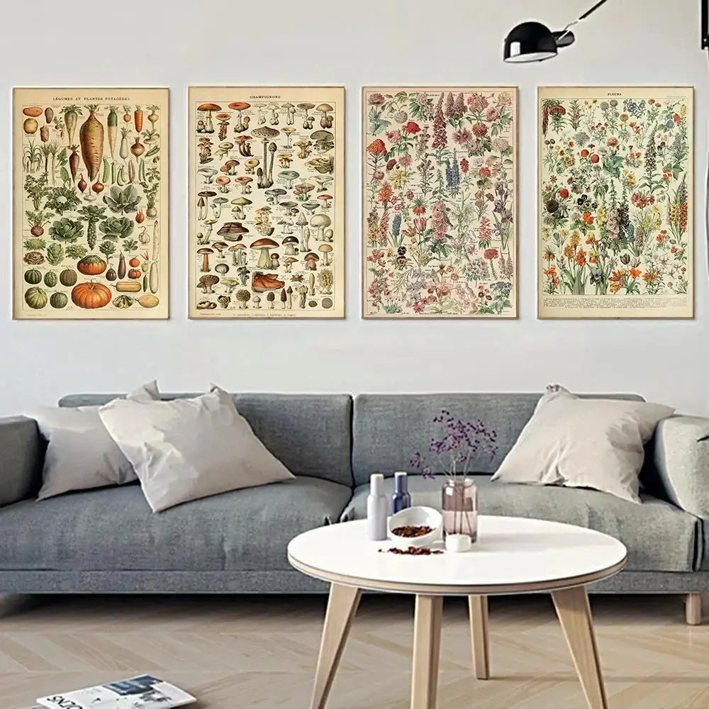 Four decorbites™ botanical vintage encyclopedia prints wall art featuring adolphe millot encyclopedia illustrations in sepia tones