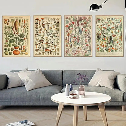 Four decorbites™ botanical vintage encyclopedia prints wall art featuring adolphe millot encyclopedia illustrations in sepia tones