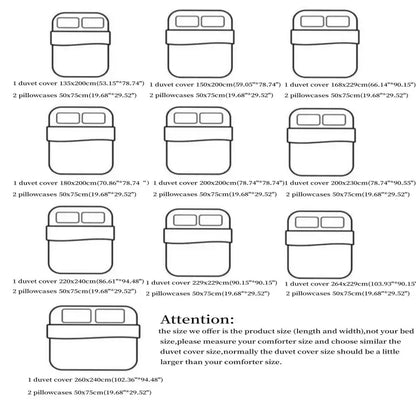 Nine size options with dimensions in centimeters for decorbites bow embroidery bedding set with ruffles displayed