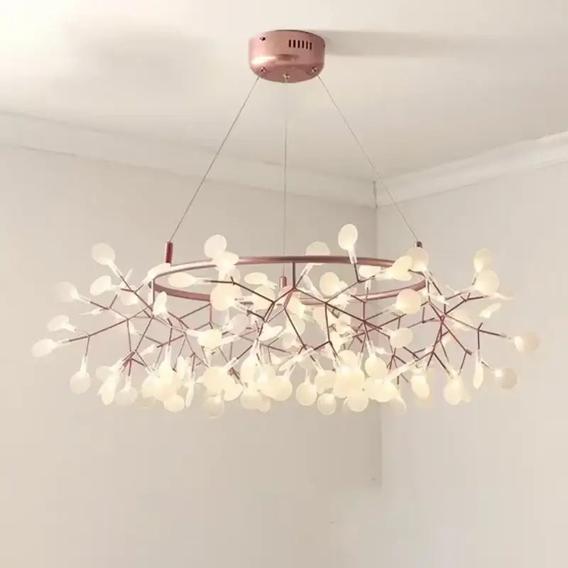 Decorbites™ branch design nordic chandelier in rose gold black with metallic branch arms and white glass orbs