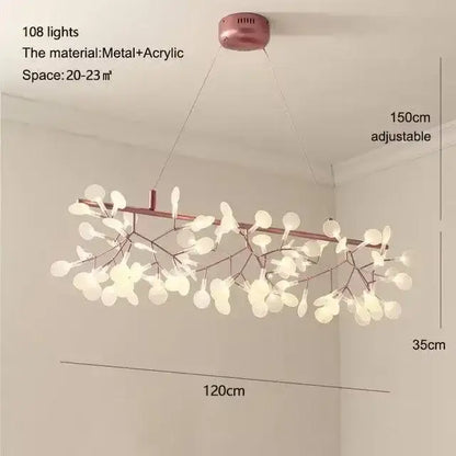 DecorBites branch design pendant chandelier in rose gold black with 108 frosted acrylic leaf-shaped lights