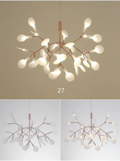 DecorBites branch design nordic chandelier with rose gold black metal frame and frosted glass lampshades
