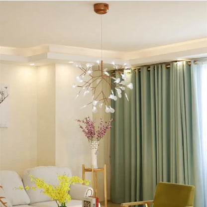 A modern decorbites™ branch design nordic chandelier in rose gold black with delicate branching arms and white glass orbs