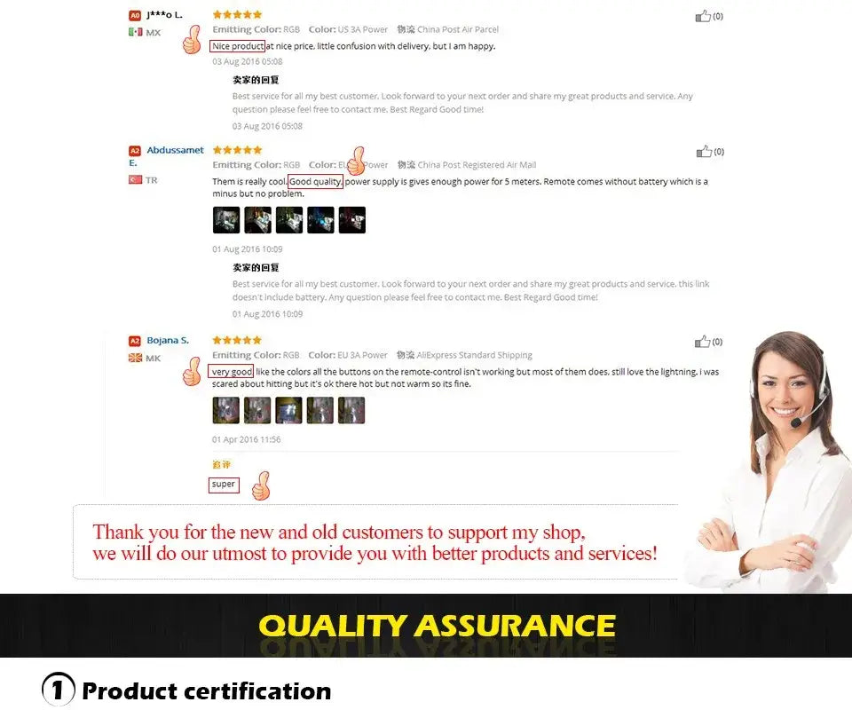 A smiling woman with a headset beside customer reviews for the DecorBites branch design nordic chandelier in rose gold black