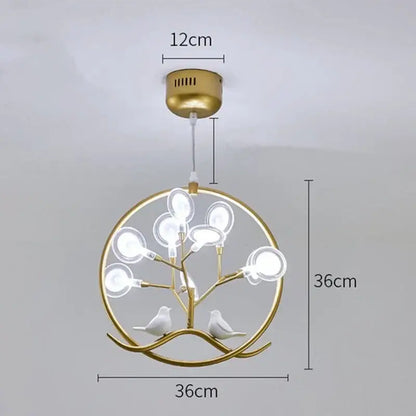 Gold-toned decorbites branch iron black gold circular pendant light with tree design and ceramic birds for living room