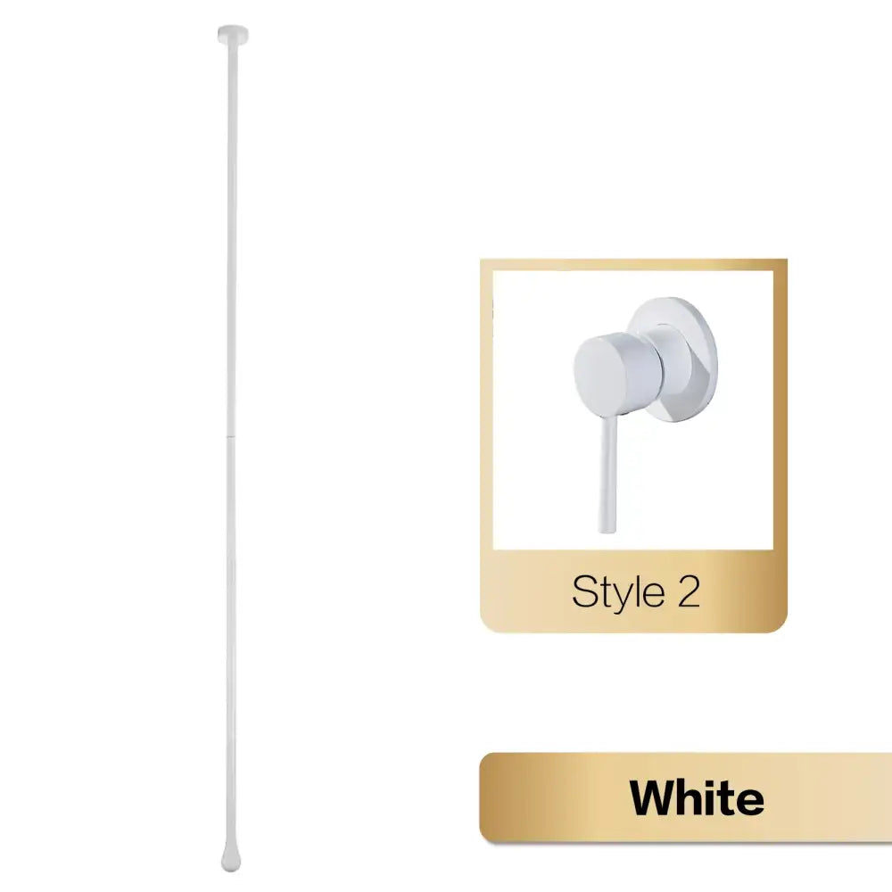 White plastic shower rod with minimalist design and rounded ends shown alongside decorbites brass black single handle faucet