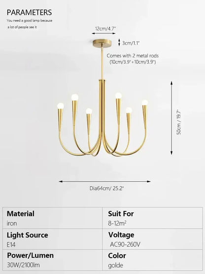 Gold-colored decorbites brass chandelier with six curved arms and frosted glass bulbs for dining room lighting