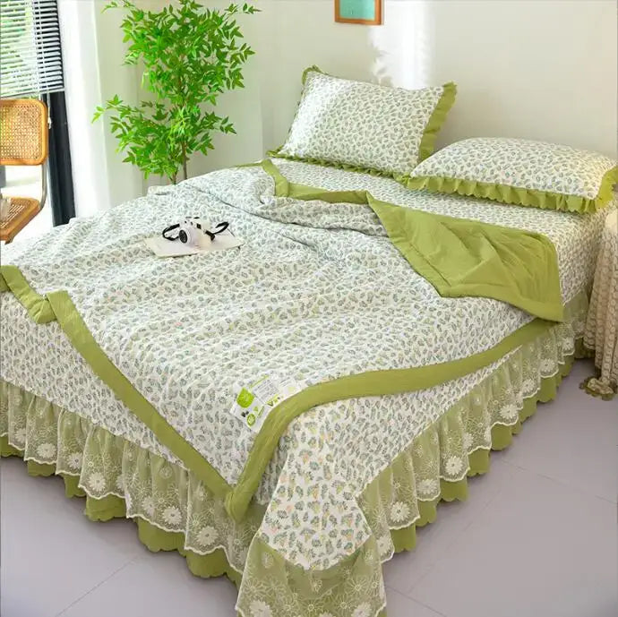 Green floral cotton summer bedding cover set with breathable fabric and ruffled lace trim by DecorBites™