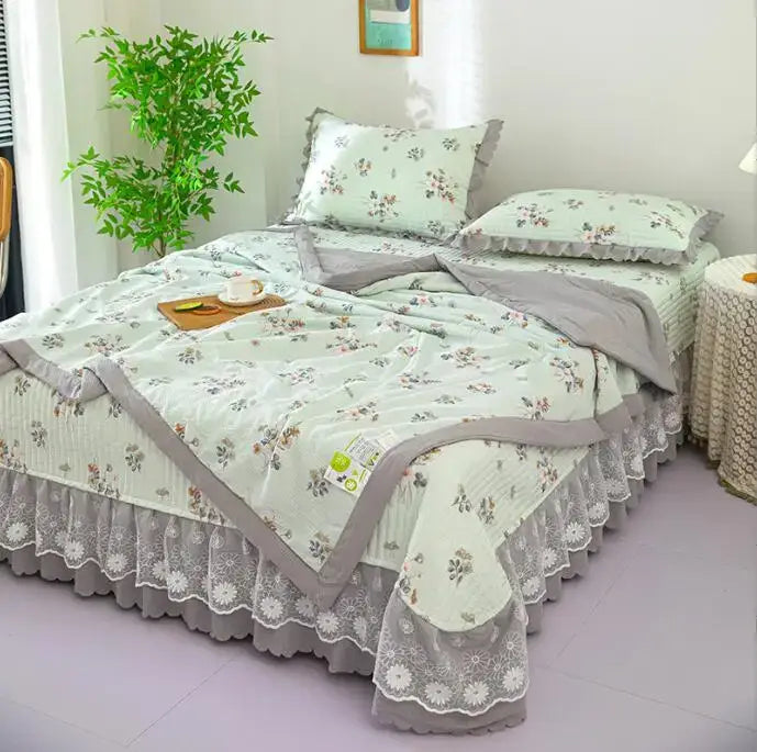Decorbites breathable cotton summer bedding cover set in light green floral with gray lace trim and ruffled edges