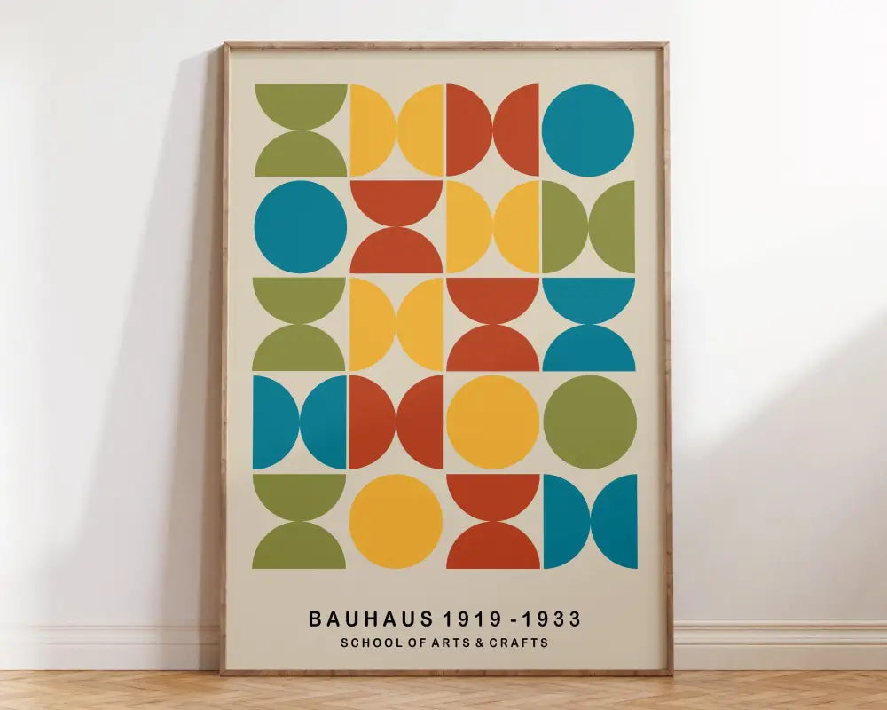 A framed decorbites™ bright geometric canvas art print featuring a mid century bauhaus poster with teal yellow and olive circles