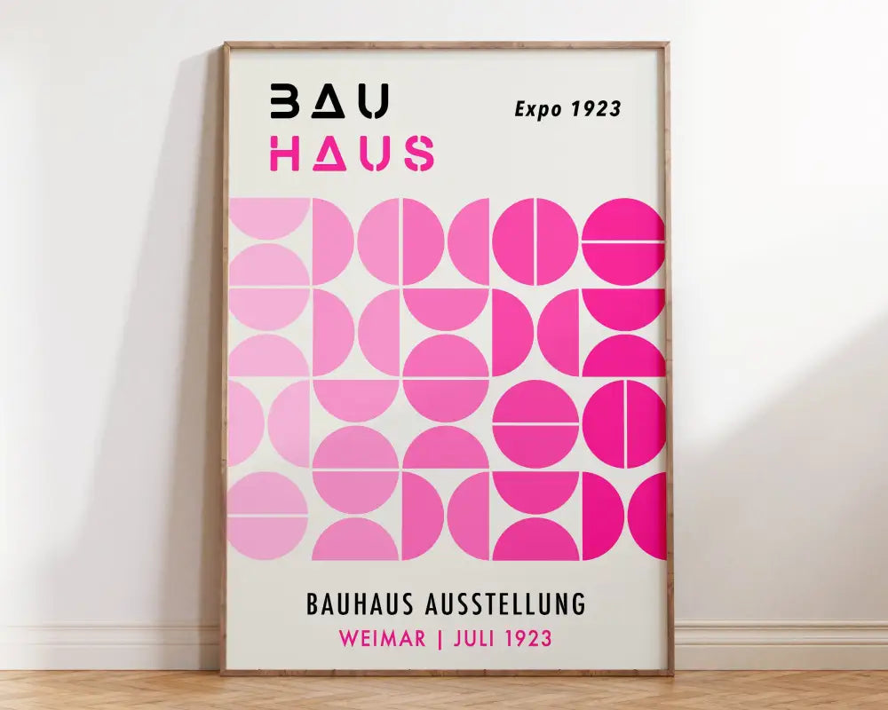 A framed DecorBites bright geometric canvas print featuring bold pink circles on a white background for home decor