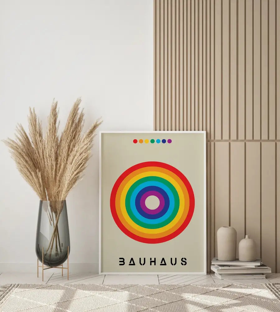 A framed bauhaus bright geometric canvas print featuring a vibrant rainbow concentric circle design for home decor